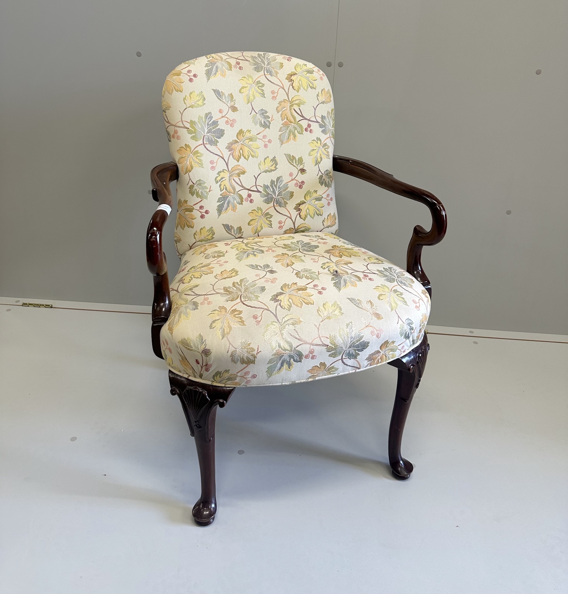 A reproduction George III style mahogany framed elbow chair, width 58cm, depth 50cm, height 95cm